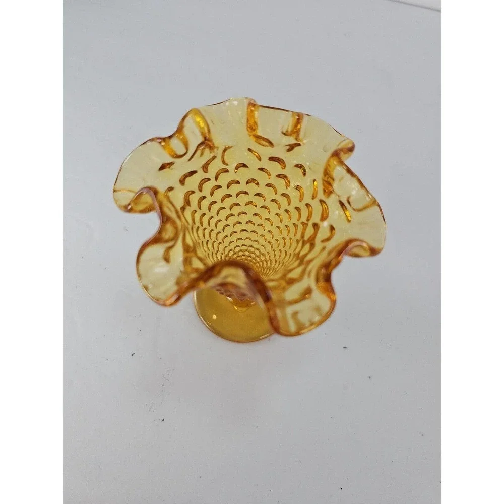 Fenton Amber Vase-Small Hobnail Fluted Ruffle 4 inches